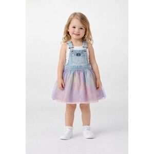 Jordache Girls Denim Overall Dress Size 3T Rainbow Tulle Skirt‎ Cute Outfit